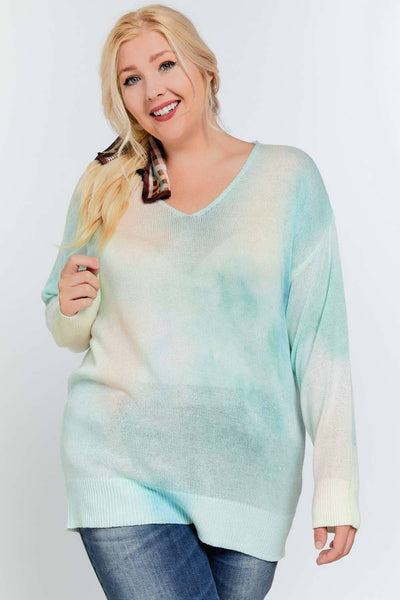 PLUS TIE DYE ACCENT V-NECK PULLOVER SWEATER TOP: Light Blue