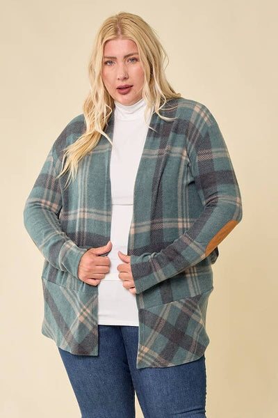 LMT2629PL-PLUS SIZE Hot Chocolate and Bon fired Plaid Cardi: TAUPE