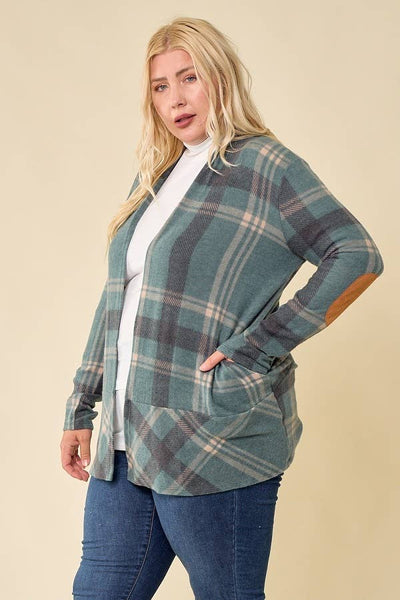 LMT2629PL-PLUS SIZE Hot Chocolate and Bon fired Plaid Cardi: TAUPE