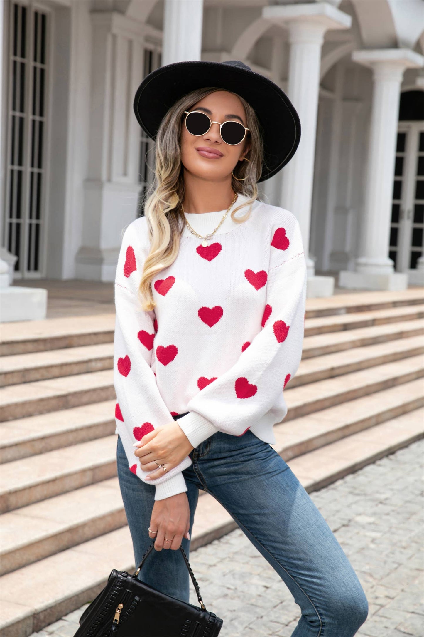 Heart Print Knit Sweater SZ53-SW9208: White
