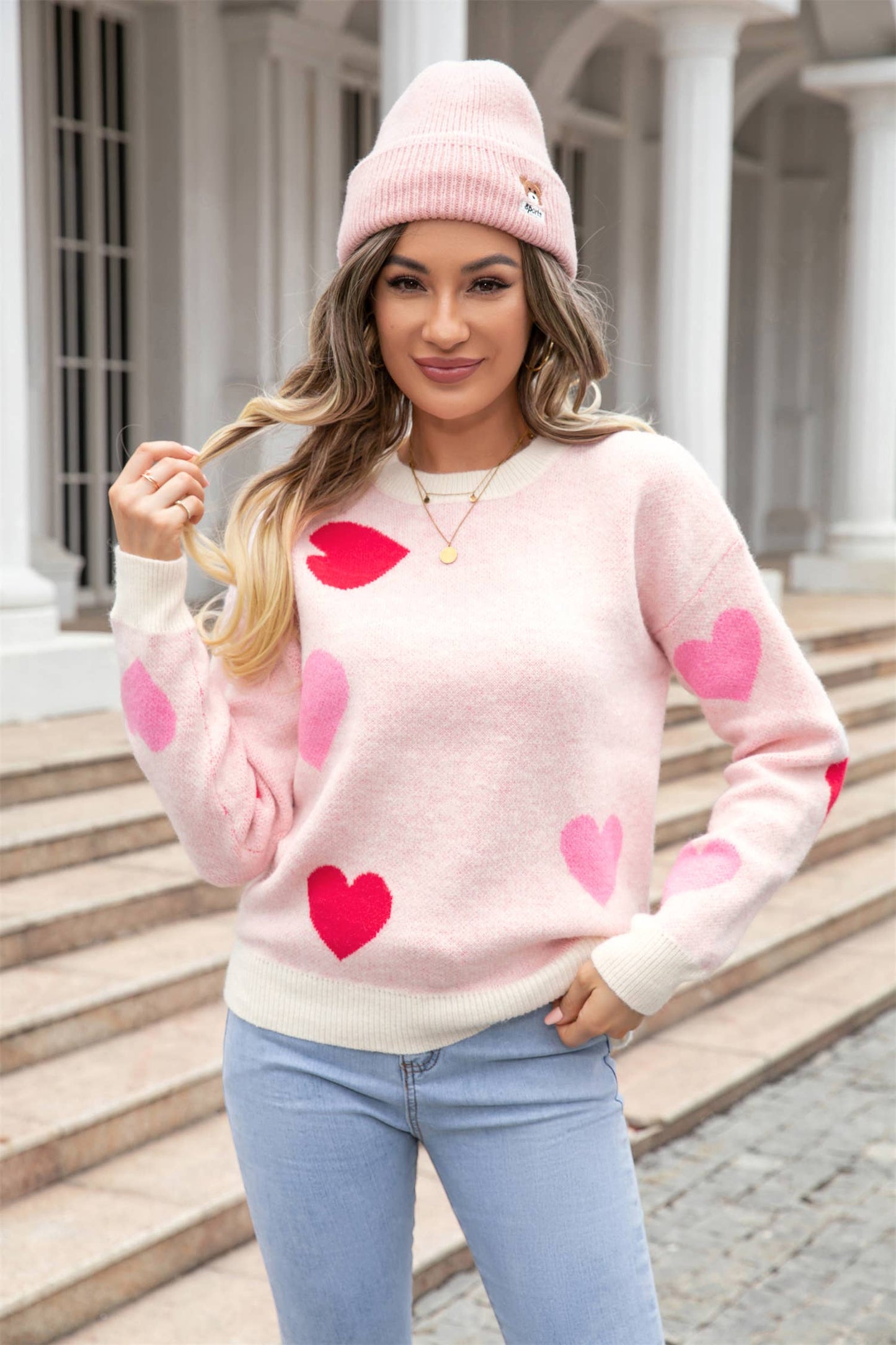Heart Print Knit Sweater SZ53-SW9206: Black