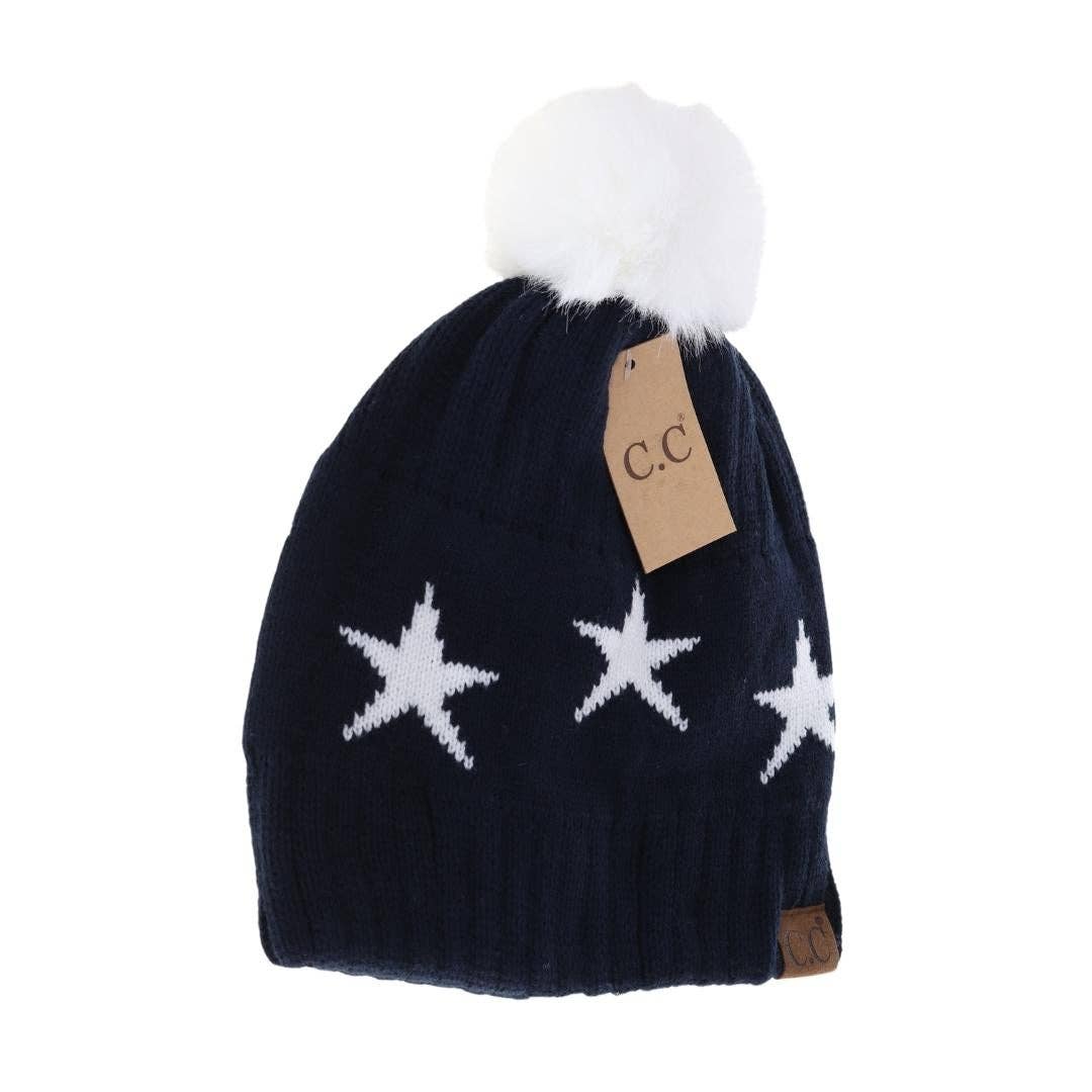 Star Print Pom C.C Beanie: Navy