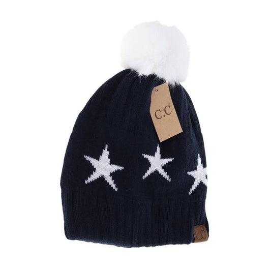 Star Print Pom C.C Beanie: Navy