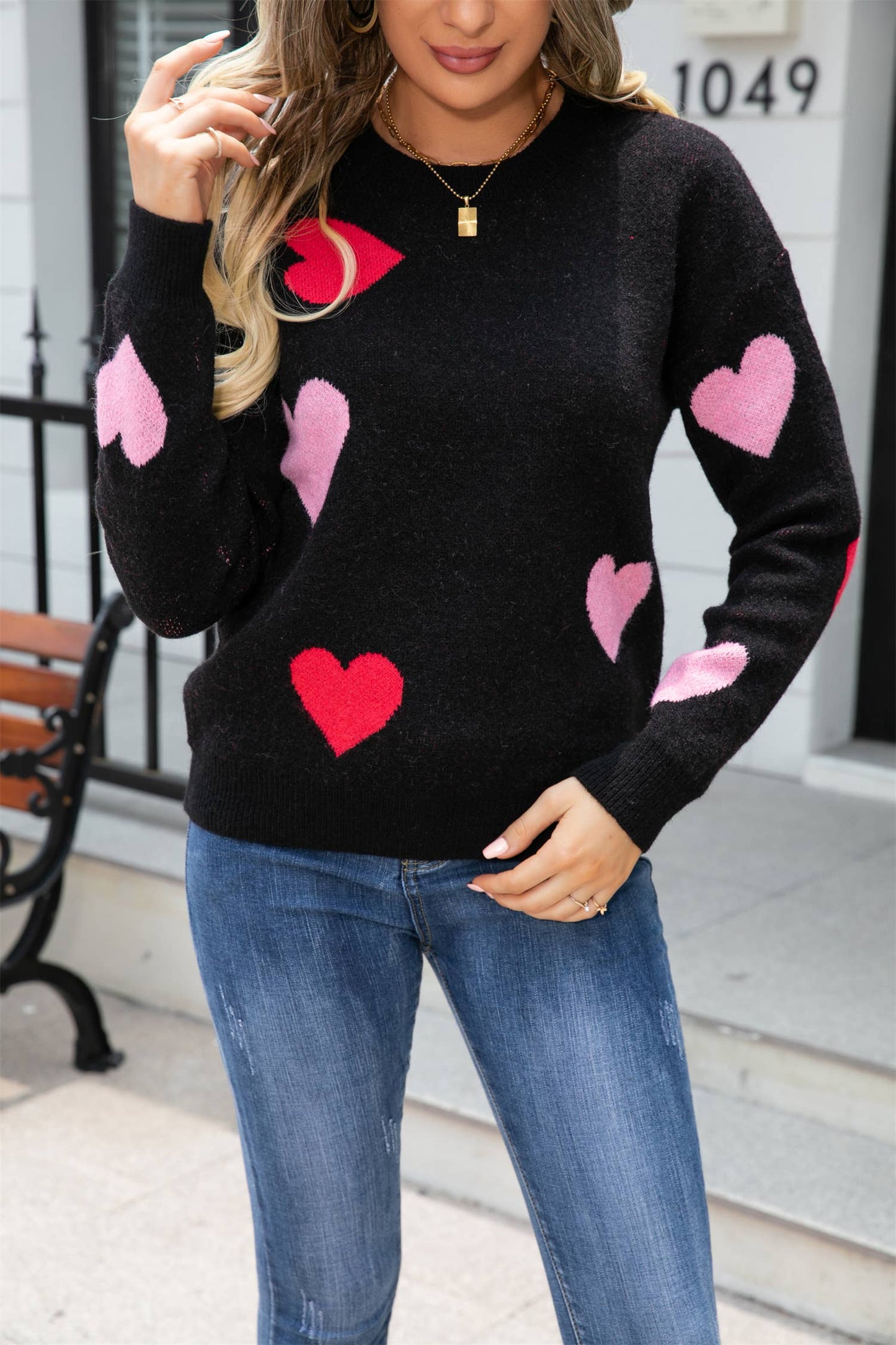Heart Print Knit Sweater SZ53-SW9206: Black