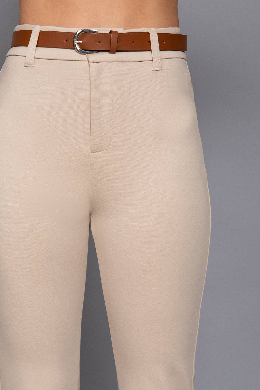 Semi Flare Ponte Pants with Leather Belt: BLK-black / L