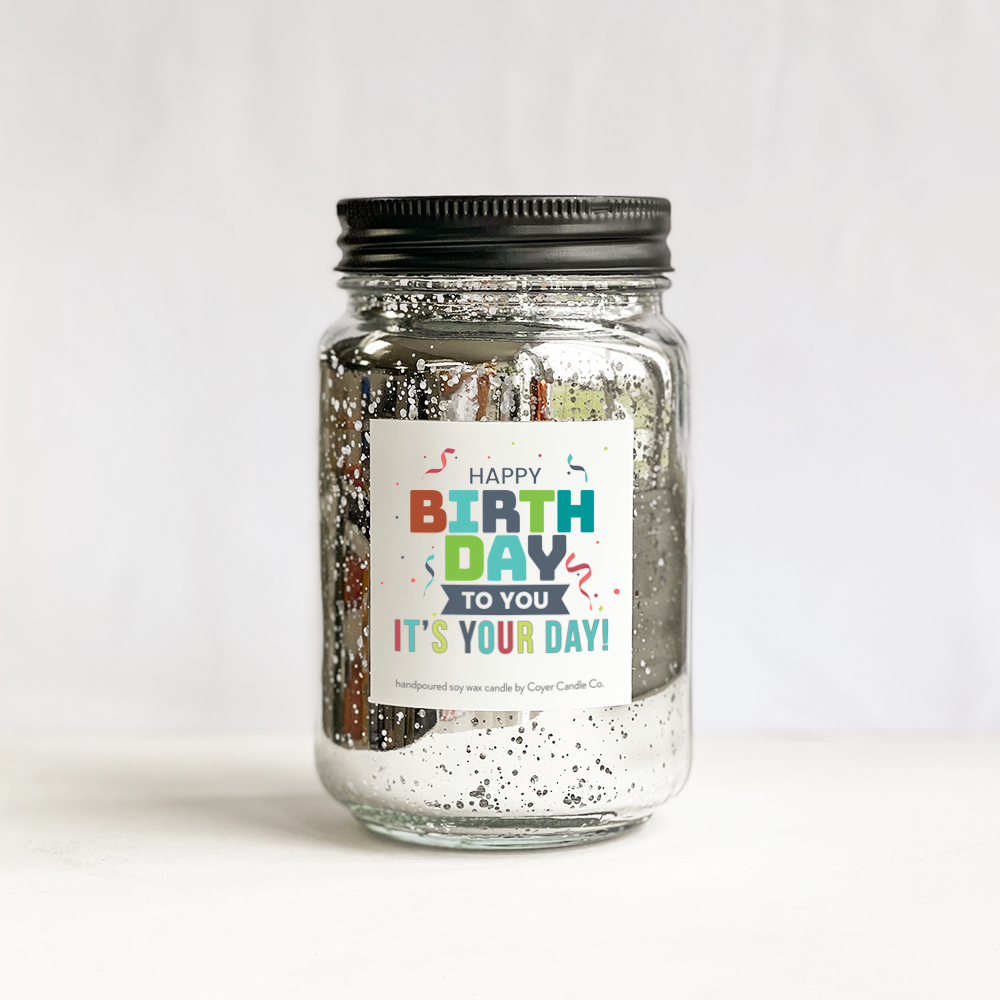 Happy Birthday | 16 oz. Glimmery Candles: Silver / Birthday Confetti / Vanilla Bourbon