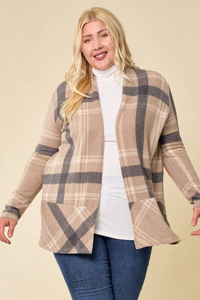 LMT2629PL-PLUS SIZE Hot Chocolate and Bon fired Plaid Cardi: TAUPE