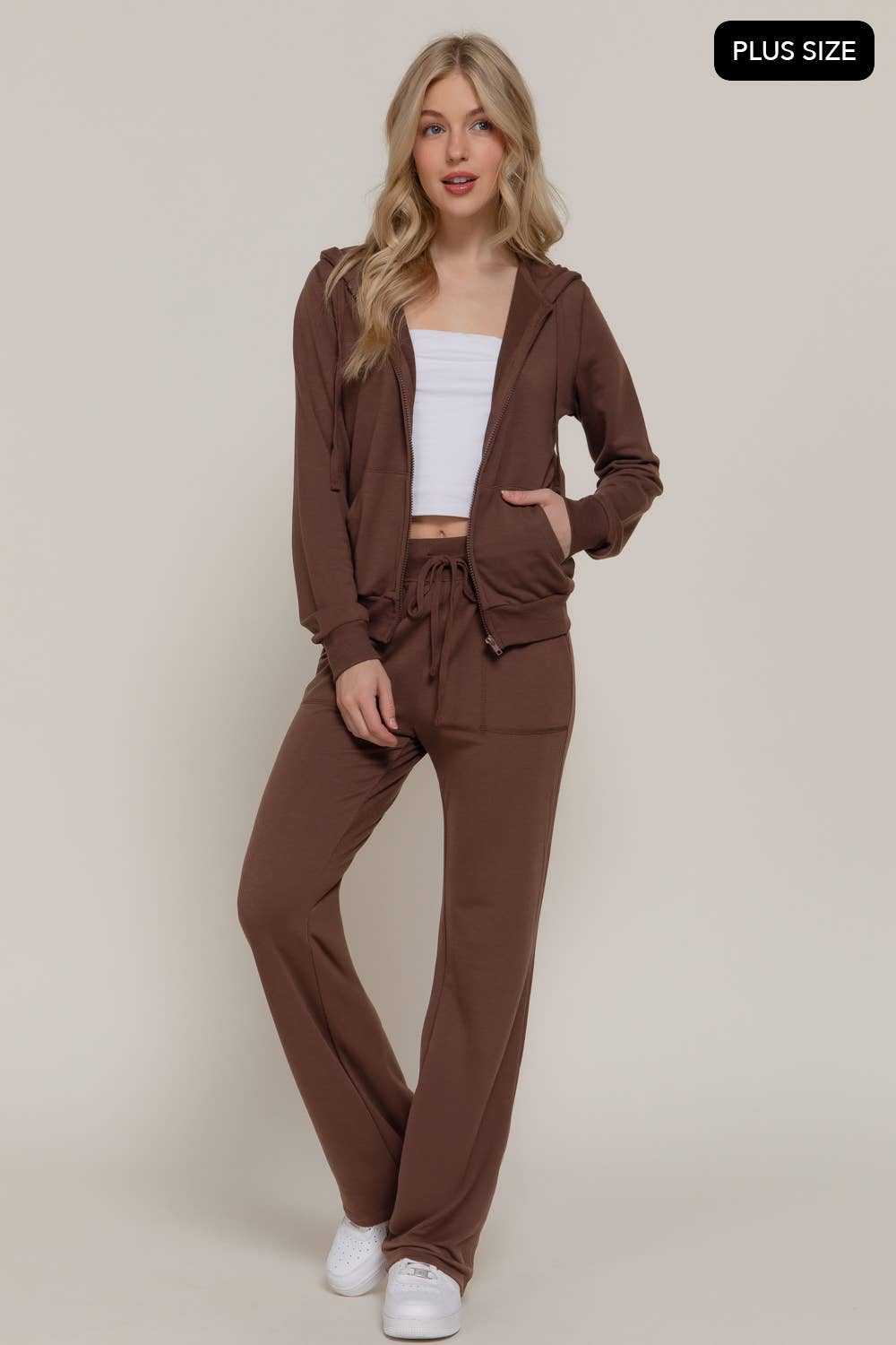 [PLUS SIZE] Long Slv Hoodie Jacket & Pants Sweatsuit Set  : IVY-cream