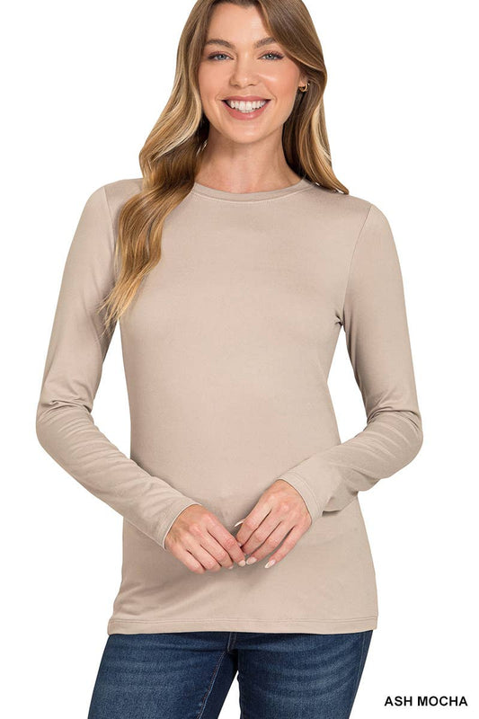Brushed Microfiber Long Sleeve Round Neck Tee: ASH MOCHA