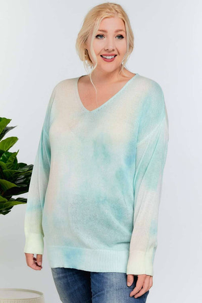 PLUS TIE DYE ACCENT V-NECK PULLOVER SWEATER TOP: Light Blue