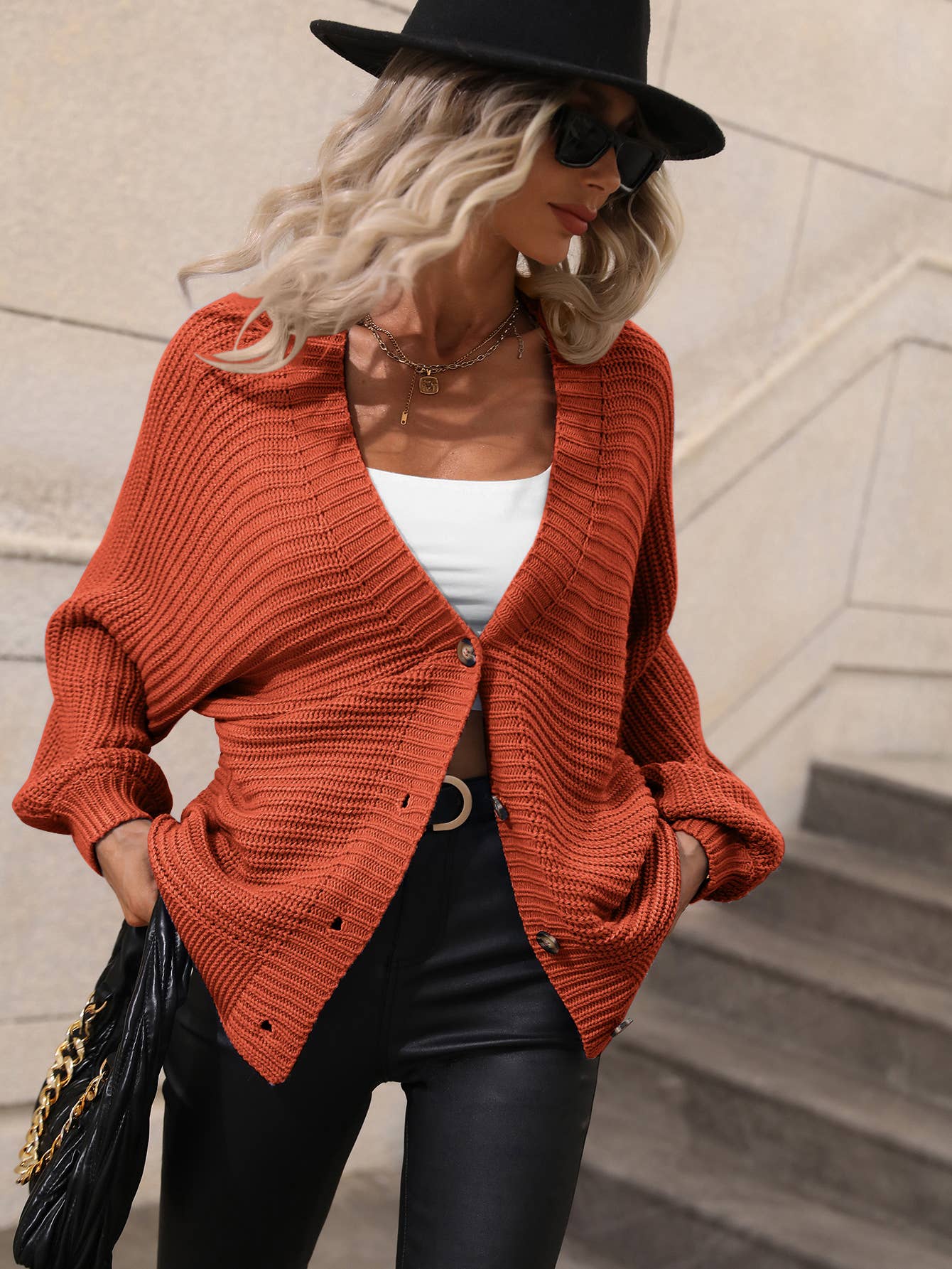 Solid color knit cardigan loose sweater: Orange