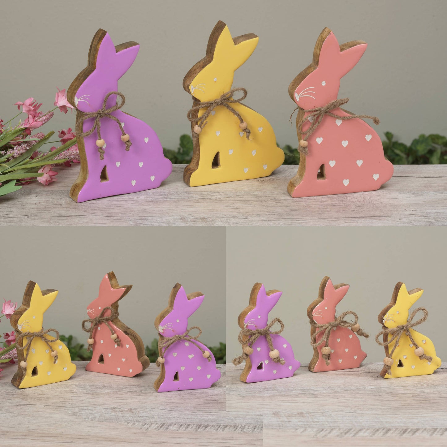 Set of 3 Mango Wood Enamel Bunnies