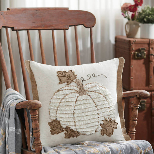 Fall Harvest Farmhouse Embroidered Pumpkin Jute Flange Throw Pillow 18x18