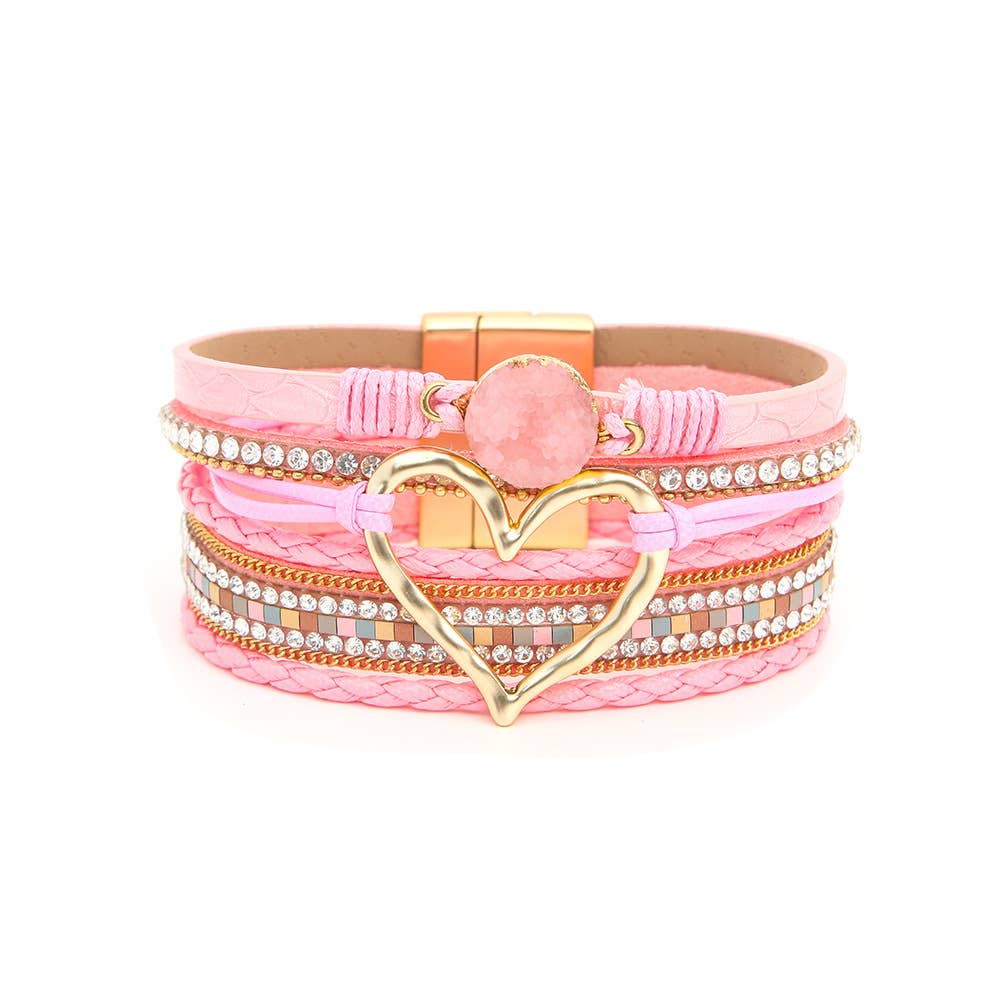Bohemian Heart Rhinestone Magnetic Buckle Bracelet: White / Alloy / ONE SIZE