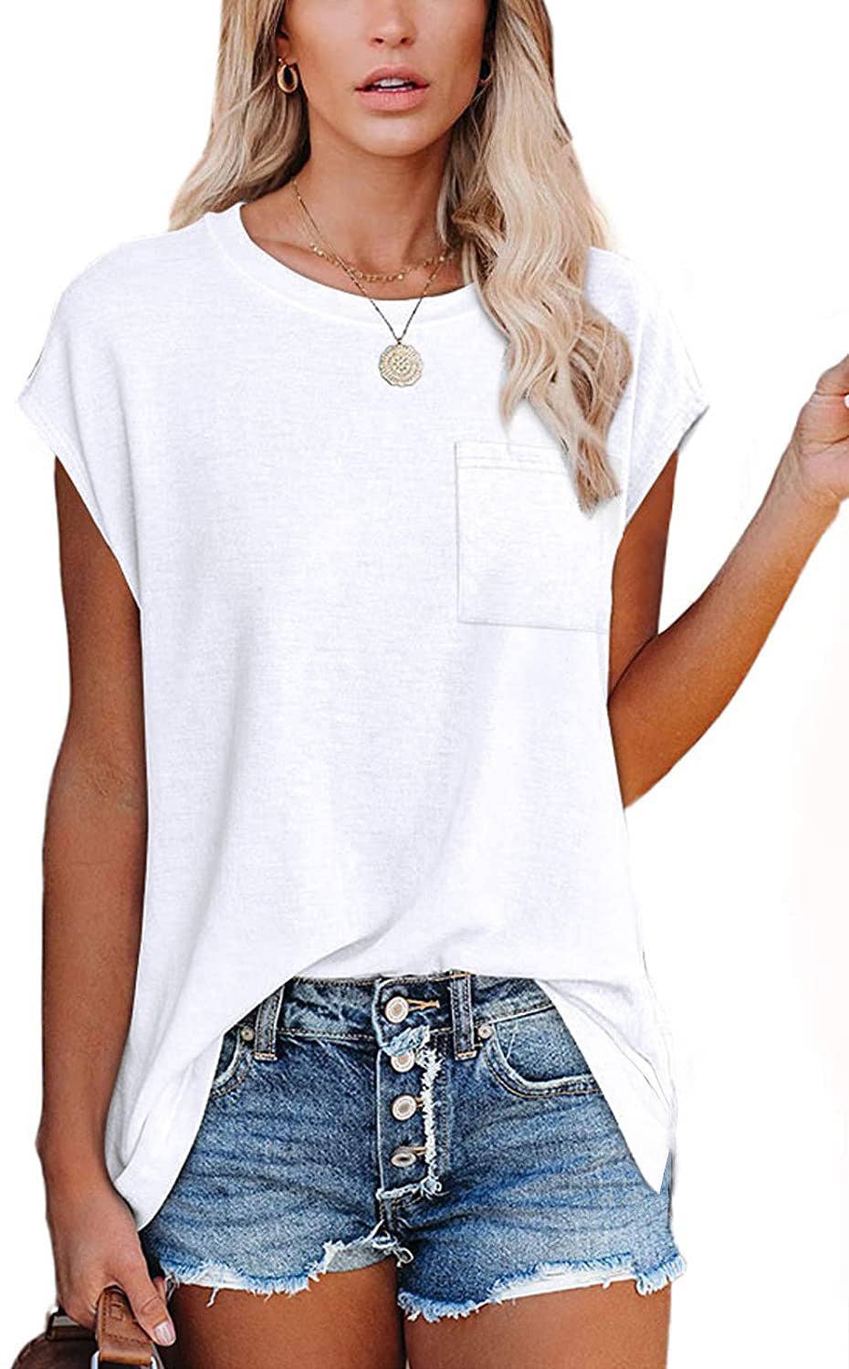 Short Cap Sleeve Shirts Solid Loose Fit  Tops: Pink