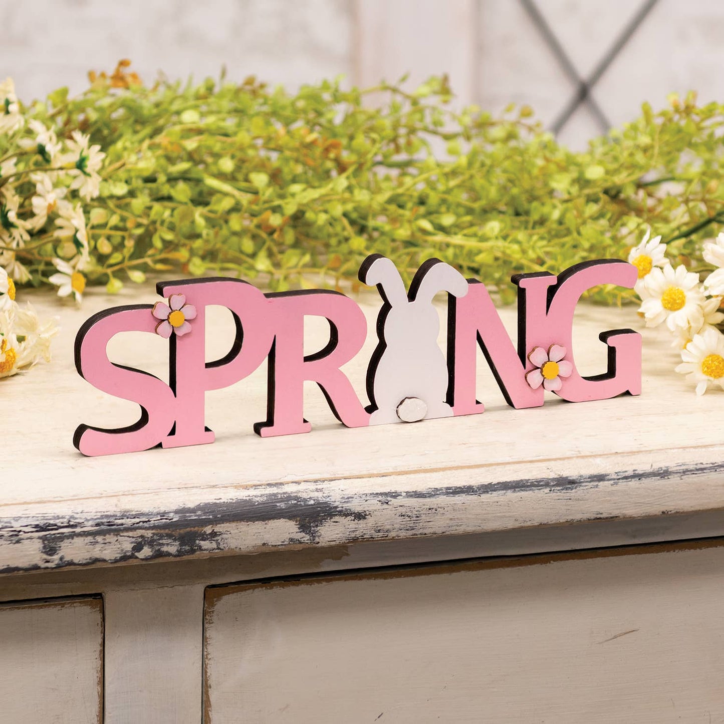 Pink Spring & Bunny Cutout Wood Sitter