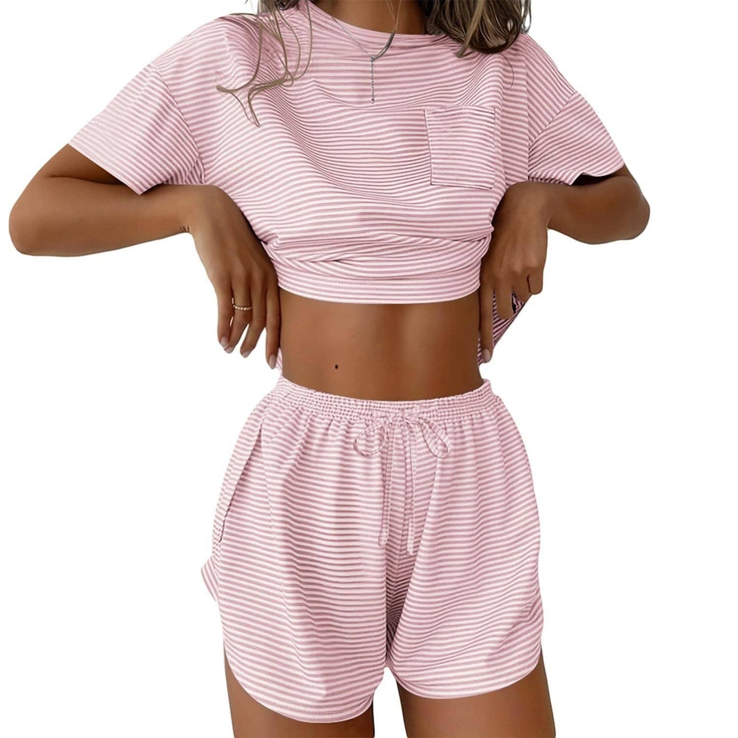 Pink Stripe Lounge Pajama Set Tee Top Drawstring Shorts: Pink Stripe