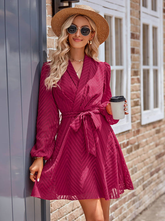 Sheer Chevron Belted Faux Wrap Dress Plum