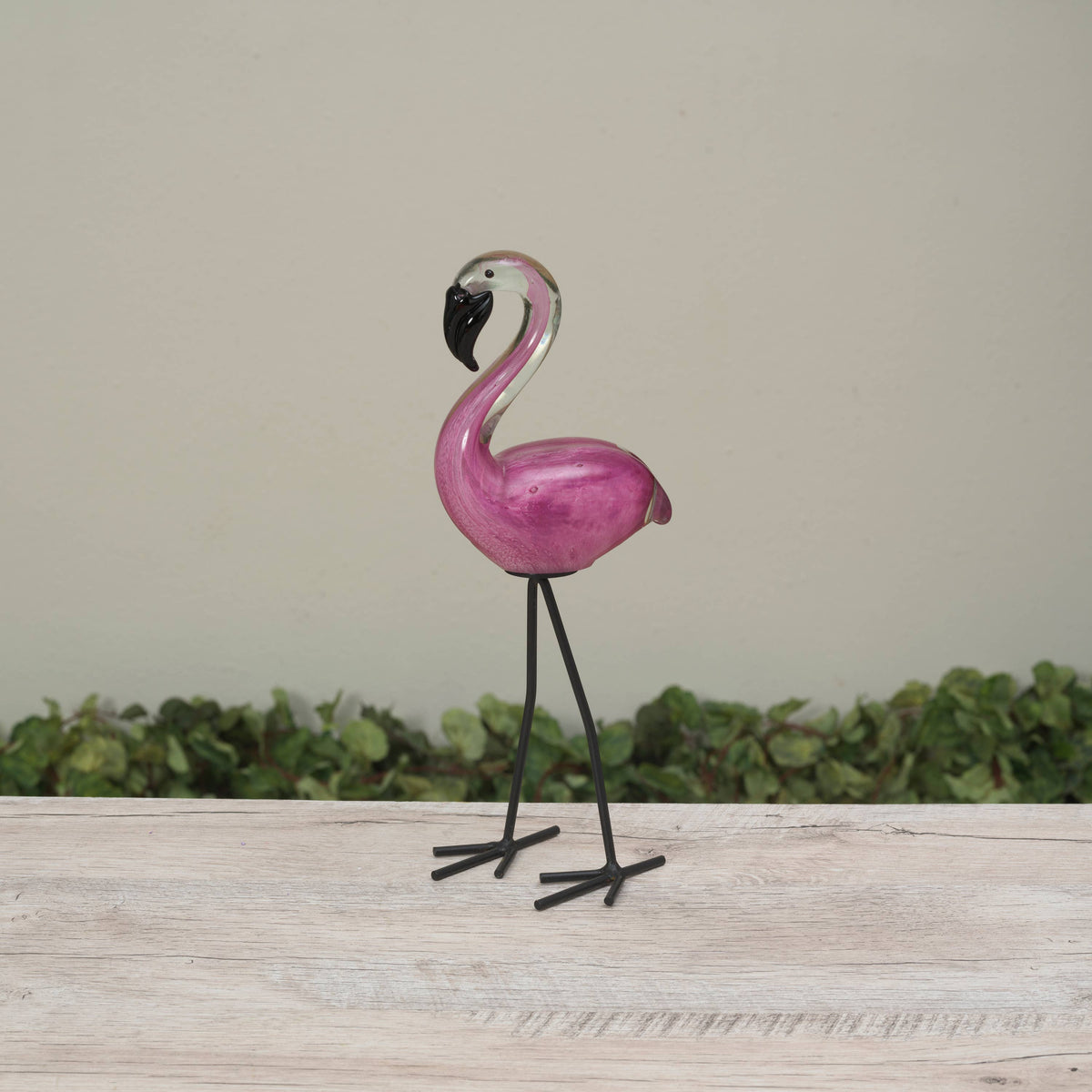11.4"H Handblown Glass Flamingo w/ Metal Feet
