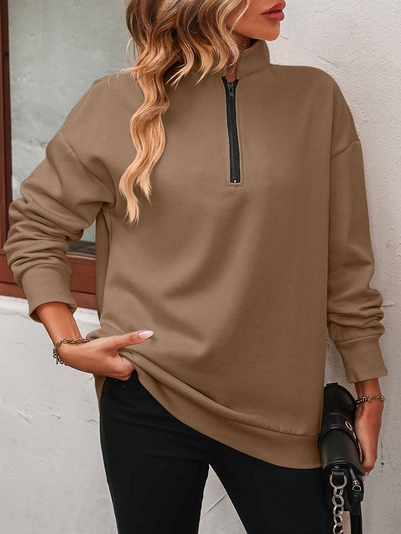 Semi-zipper Long-sleeved Sweatshirt: Light gray