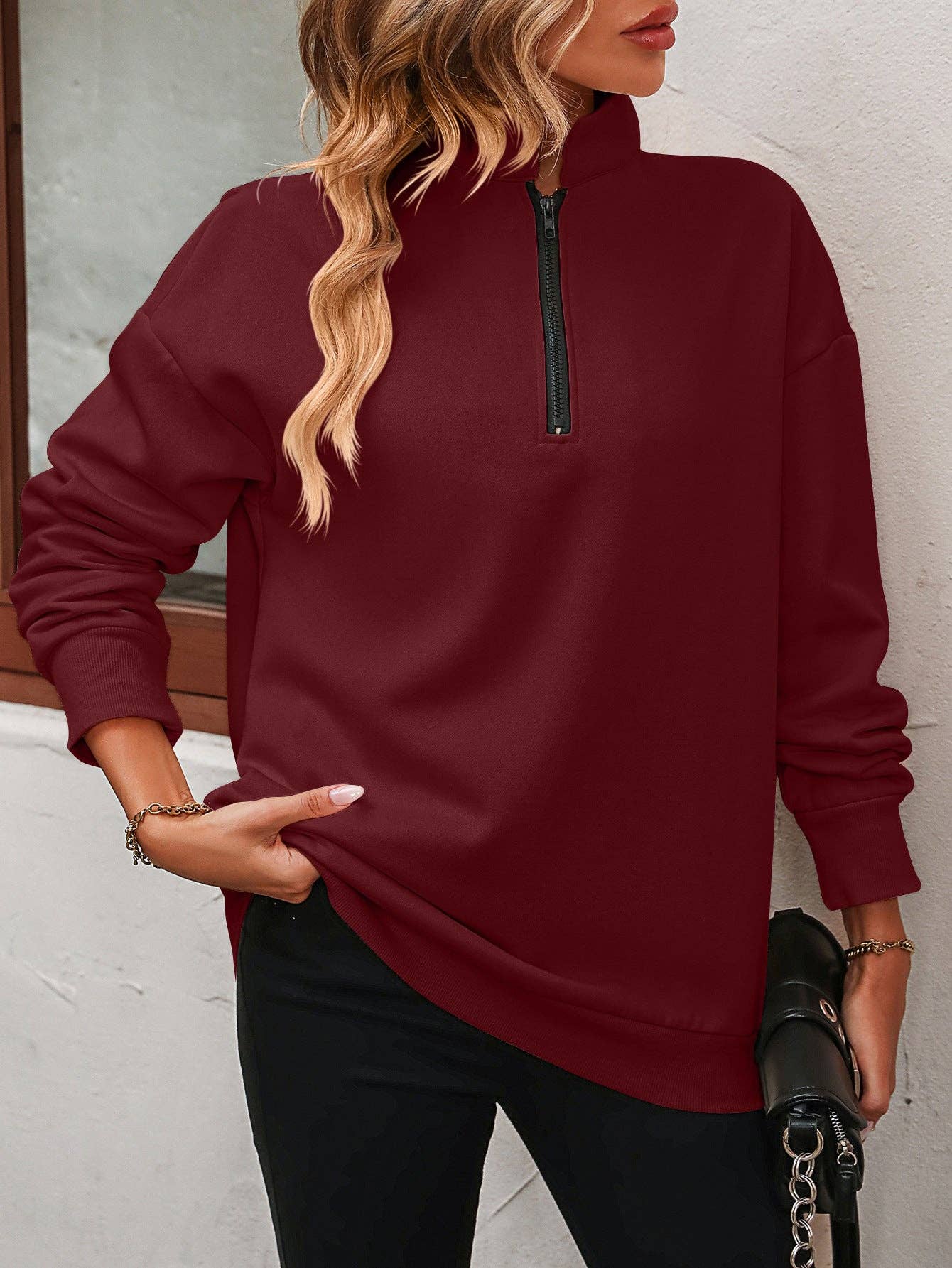 Semi-zipper Long-sleeved Sweatshirt: Light gray