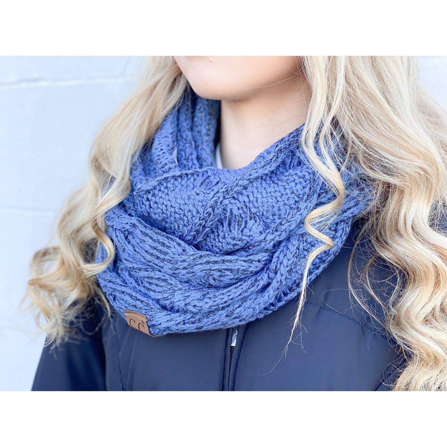 Metallic Cable Knit CC Infinity Scarf