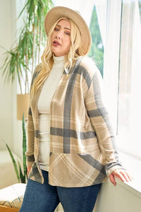 LMT2629PL-PLUS SIZE Hot Chocolate and Bon fired Plaid Cardi: TAUPE