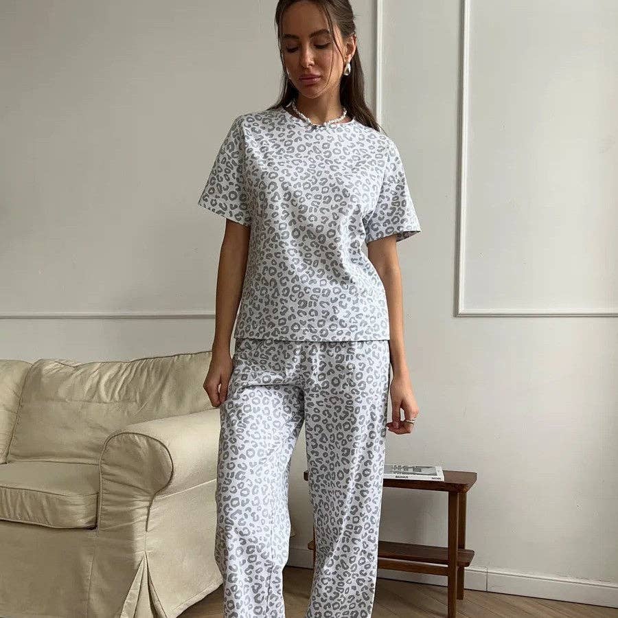 Leopard Print Pajama Set Short Sleeve Lounge Pants