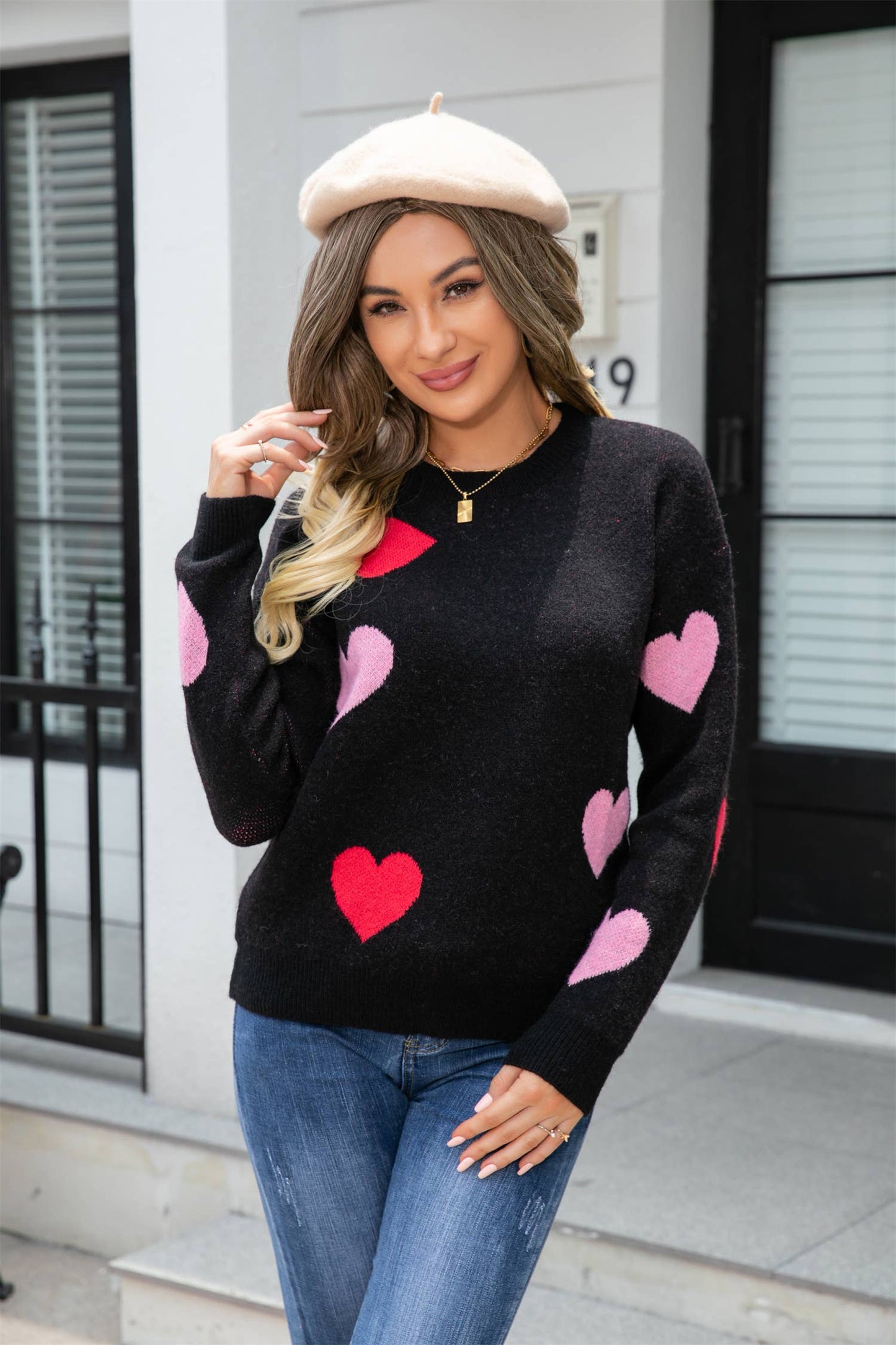 Heart Print Knit Sweater SZ53-SW9206: Black