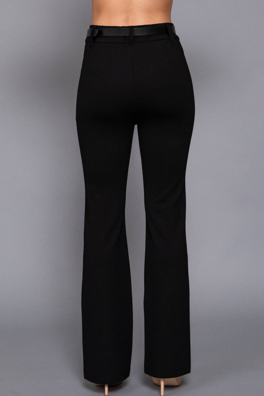 Semi Flare Ponte Pants with Leather Belt: BLK-black / L