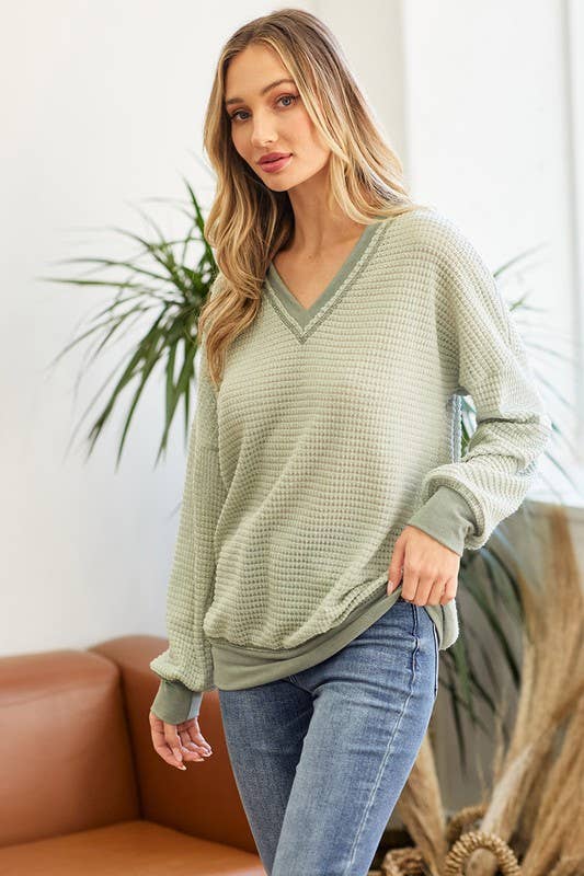 BELLE SOLID WAFFLE KNIT TOP: SAGE