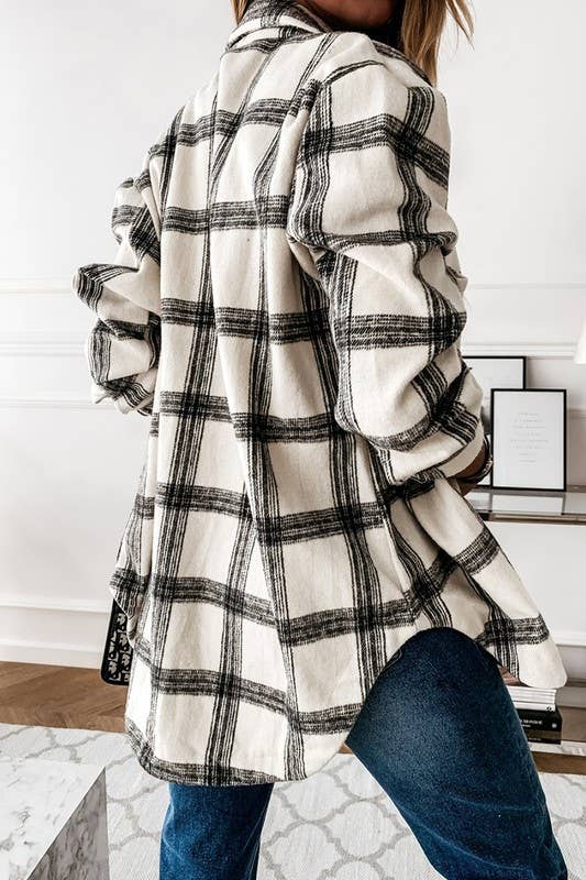 CWOJA0368_LOOSE FIT PLAID BIG BUTTONED SHIRTS JACKET: White/Black