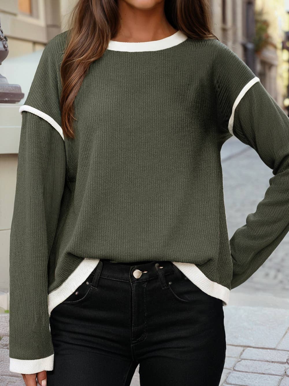 Contrast Color Trim Drop Shoulder Loose Top: Four Leaf Clover