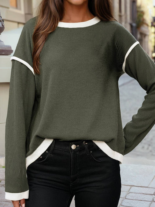 Contrast Color Trim Drop Shoulder Loose Top: Four Leaf Clover