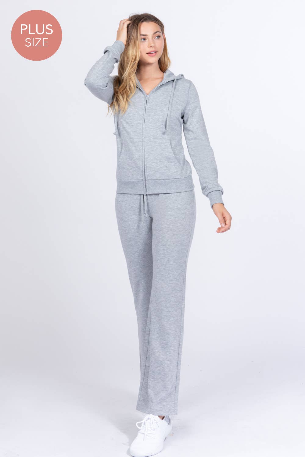 [PLUS SIZE] Long Slv Hoodie Jacket & Pants Sweatsuit Set  : IVY-cream
