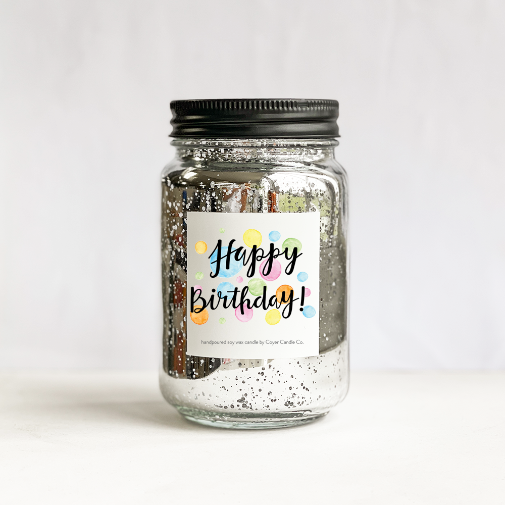 Happy Birthday | 16 oz. Glimmery Candles: Silver / Birthday Confetti / Vanilla Bourbon