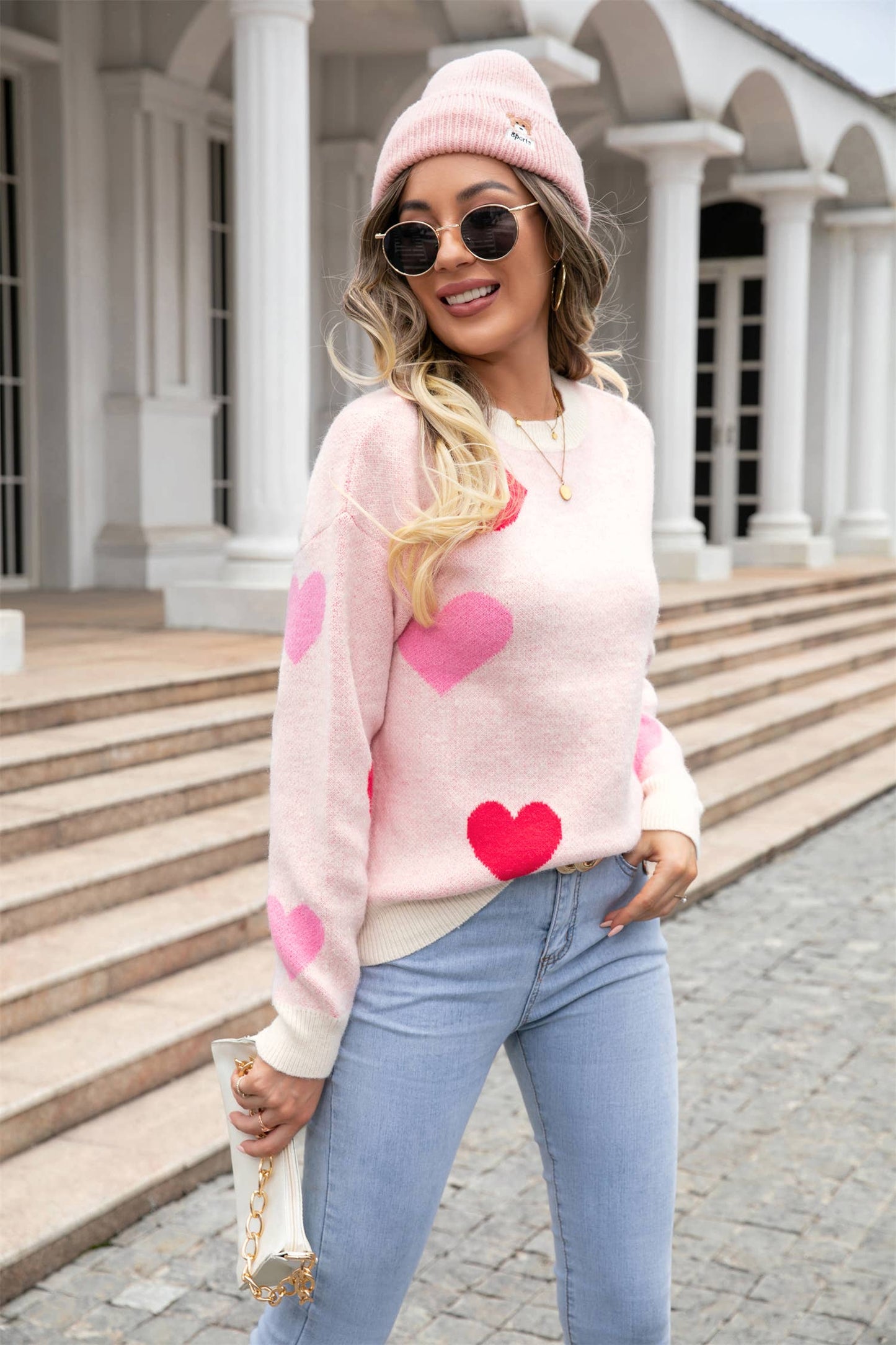 Heart Print Knit Sweater SZ53-SW9206: Black