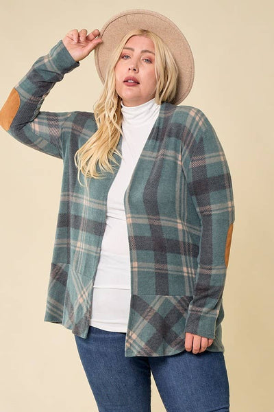 LMT2629PL-PLUS SIZE Hot Chocolate and Bon fired Plaid Cardi: TAUPE