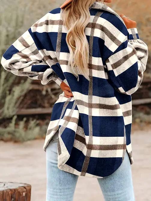 Black and White Plaid Button Flannel Shirt Jacket