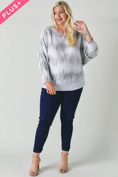 PLUS TIE DYE CREW NECK LONG SLEEVE SWEATER TOP: BEIGE/WHITE