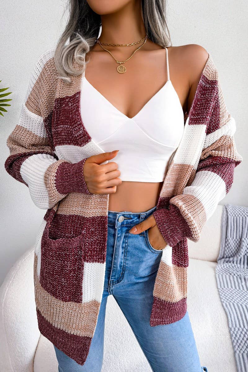 WOMEN COLOR BLOCK OPEN FRONT KNIT CARDIGAN: WINE