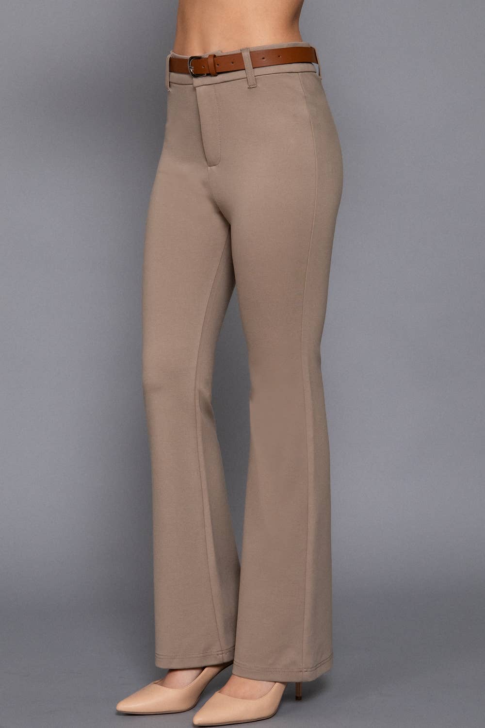 Semi Flare Ponte Pants with Leather Belt: BLK-black / L