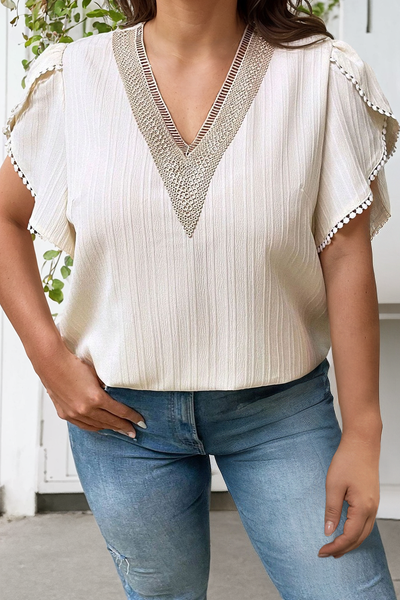 Embroidered V Neck Wrap Sleeve Textured Plus Size Blouse: Beige