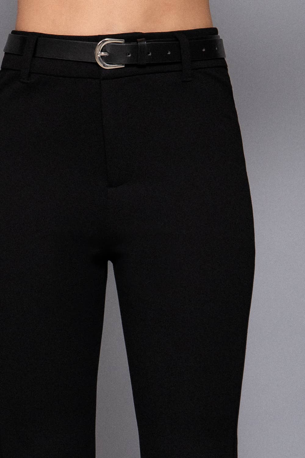 Semi Flare Ponte Pants with Leather Belt: BLK-black / L
