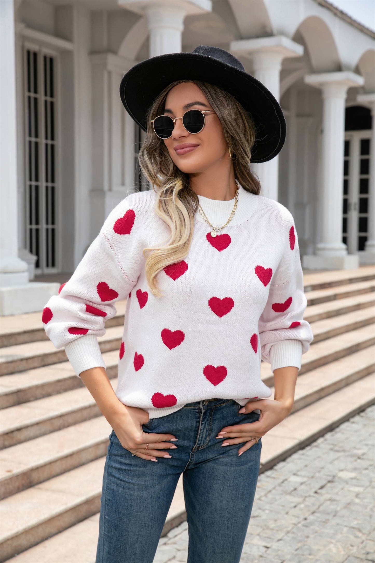 Heart Print Knit Sweater SZ53-SW9208: White