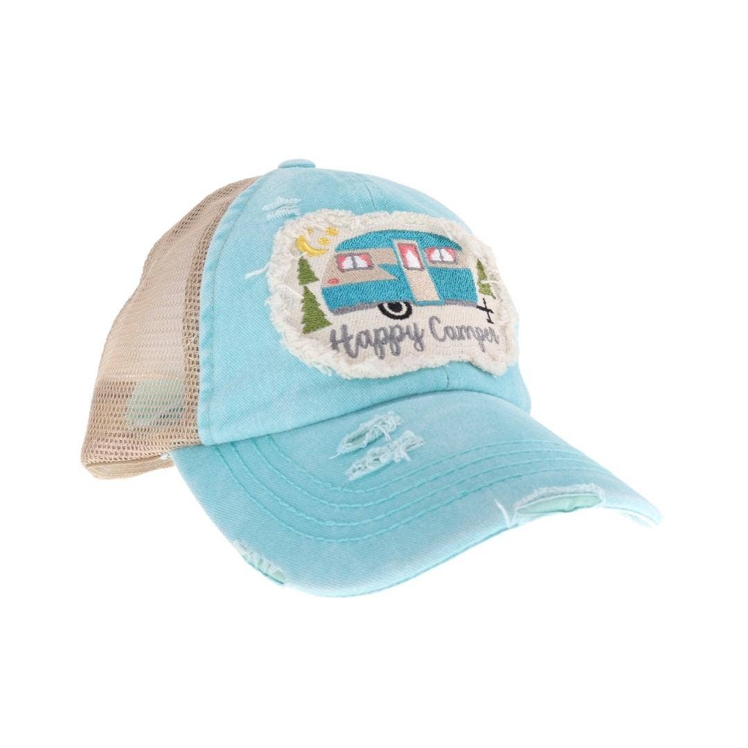 Embroidered Happy Camper Patch C.C High Pony Criss Cross Bal: Coral
