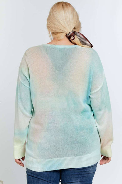 PLUS TIE DYE ACCENT V-NECK PULLOVER SWEATER TOP: Light Blue