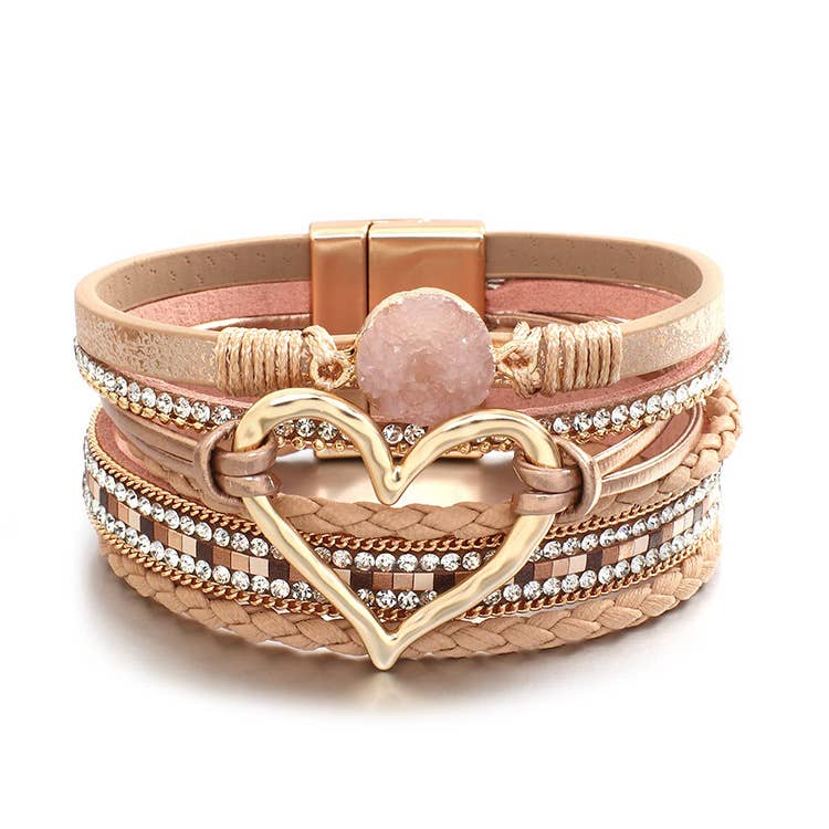 Bohemian Heart Rhinestone Magnetic Buckle Bracelet: White / Alloy / ONE SIZE