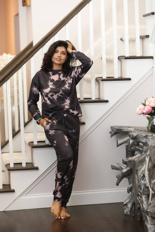 Black & Pink Tie-Dye Long-Sleeve Crewneck Top & Joggers
