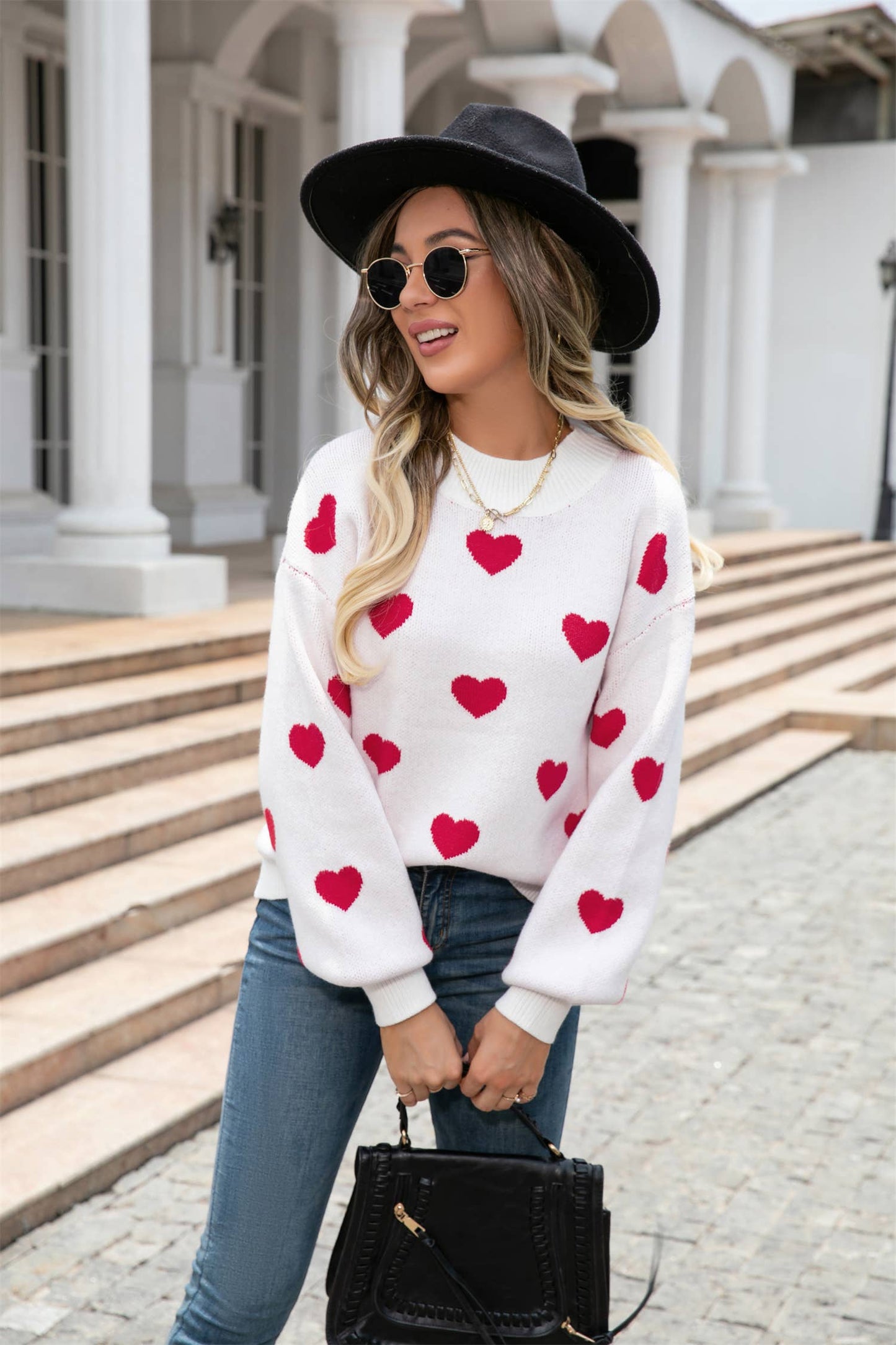 Heart Print Knit Sweater SZ53-SW9208: White
